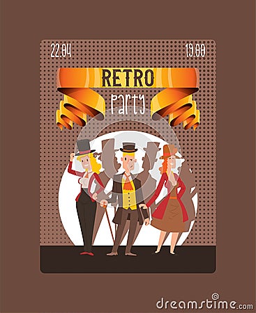 Victorian people vector gentleman in hat and woman character in vintage fashion dress on retro party illustration Vector Illustration