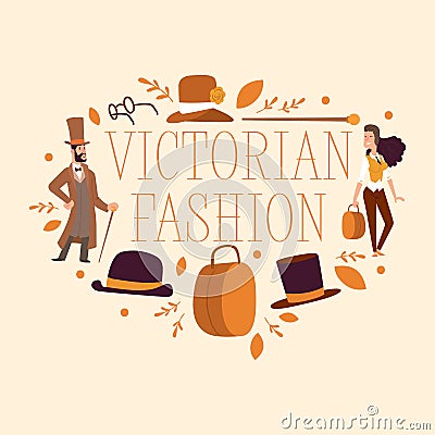 Victorian people vector gentleman in hat and woman character in vintage fashion dress on retro party illustration Vector Illustration