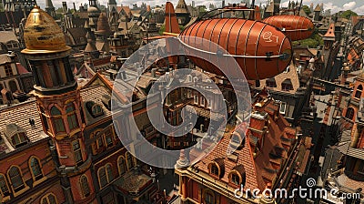 Victorian Skyline: Steampunk Cityscape with Airships and Mechanical Marvels Stock Photo