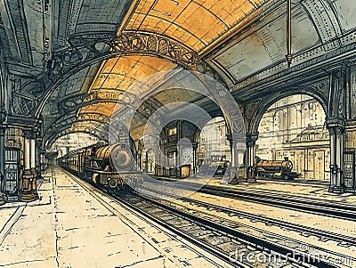 Victorian steampunk railroad sketch Stock Photo