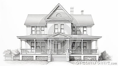 Realistic Pencil Drawing Of Victorian Era Home With Classical Architectural Details Stock Photo