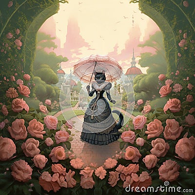 Victorian style image of a young cat person strolling through a beautiful garden. Stock Photo