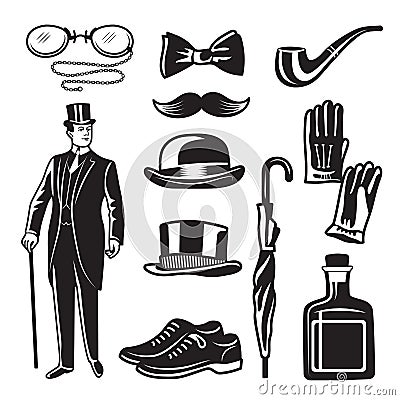 Victorian style monochrome illustrations for gentleman club. Vector pictures set Vector Illustration