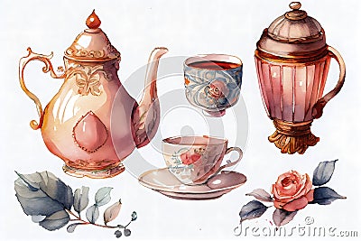 Victorian Tea Party Illustration in Watercolor Style. Perfect for Invitations and Scrapbooking. Stock Photo