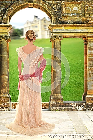 Victorian woman with pink scarf Stock Photo