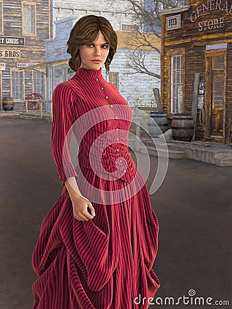 Victorian Woman in Western Town Setting Stock Photo