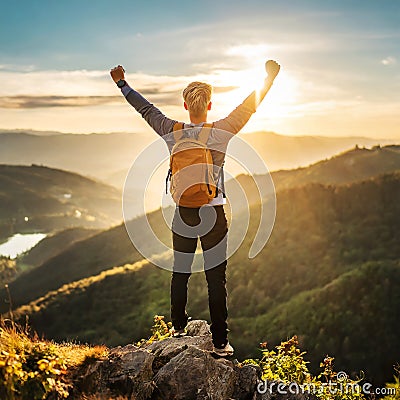 Victorious man with hands raised on top of the mountain in sunset celebrating his achievement, generated by AI Cartoon Illustration