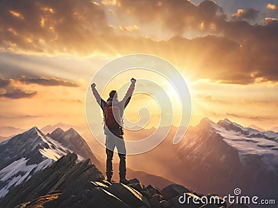 Victorious man with hands raised on top of the mountain in sunset, generative ai Cartoon Illustration