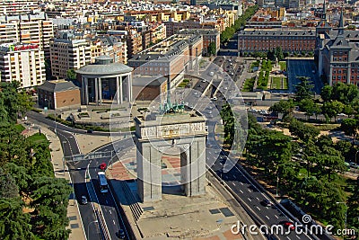 Victory arch and surrounding buildings, Madrid, view from above Editorial Stock Photo