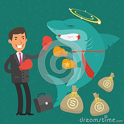 Victory businessman on business shark Vector Illustration