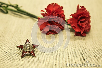 Victory Day. We remember the exploits of our grandfathers. Order of the red star on the background of carnations Stock Photo