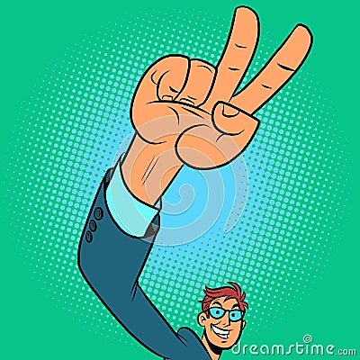 Victory hand gesture, positive businessman Vector Illustration