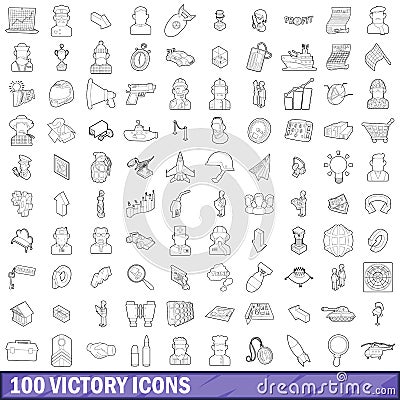 100 victory icons set, outline style Vector Illustration