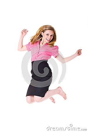 Victory jump, attractive businesswoman in shirt Stock Photo