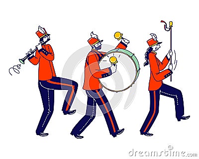 Victory Parade Celebration, Musician Characters Walking with March. Military Orchestra Playing Musical Instruments Vector Illustration