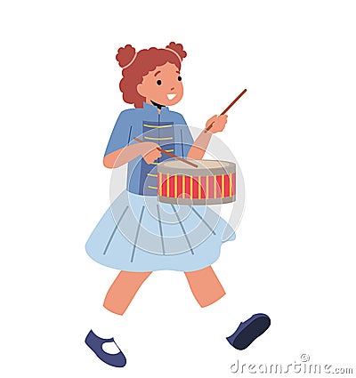 Victory Parade Celebration, Musician Girl Character Walking With March Playing Drum. School Orchestra Playing Instrument Vector Illustration