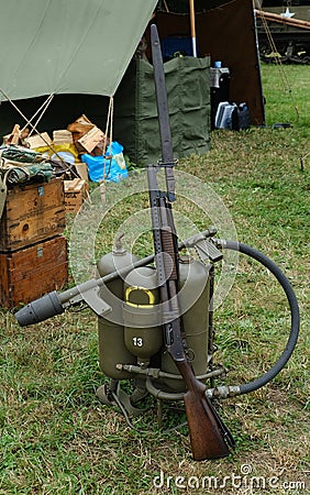 Victory Show. Leicester, UK. September 2023. Flame thrower and combat shotgun. Editorial Stock Photo