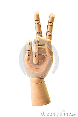 Victory sign from wooden hand Stock Photo