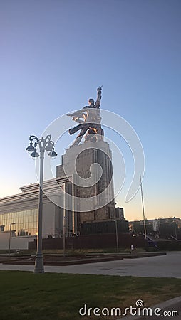 Sculpture `Worker and farm girl `, the sculpture means victory, strength and power of the Soviet people. Moscow, spring. Stock Photo