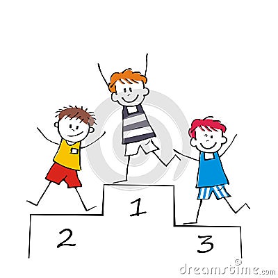 Three boys on winner podium, eps. Vector Illustration