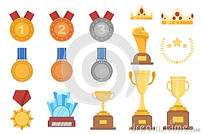 Victory trophies set in cartoon design. Award prizes isolated flat elements Cartoon Illustration