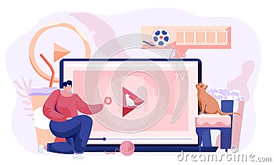 Video blog for pet owners, post about keeping and feeding cats at home, funny animal stories Vector Illustration