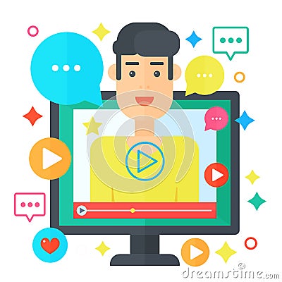 Video blogger concept. Computer screen with man blogger. Personal channel broadcasting flat vector illustration. Vector Illustration