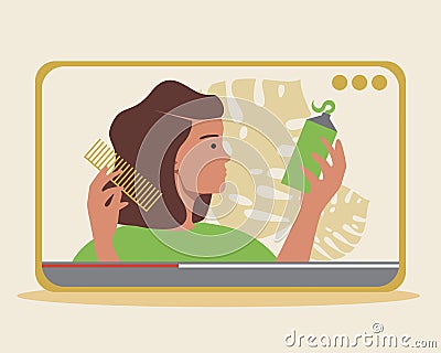 Video blogger, hair care, flat vector stock illustration with woman vlog or blog and isolated phone, tablet, computer Cartoon Illustration
