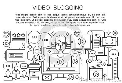 Video blogger thin line concept. Computer screen with male man blogger. Personal blogging channel broadcasting outline Vector Illustration