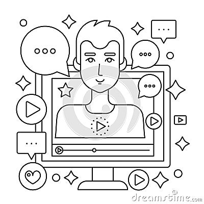 Video blogger thin line web concept. Computer screen with male man blogger. Personal blogging channel broadcasting Vector Illustration