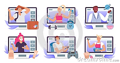Video bloggers. Beauty blogger or vlogger, travel blog and lets play gamer stream translation. Fitness, cooking and Vector Illustration
