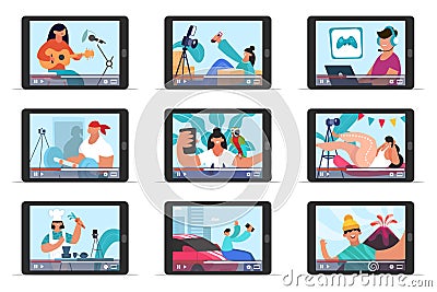 Video bloggers online streaming. Social media content creators, vloggers review, education, fitness, cooking video Vector Illustration