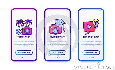 Video blogging thin line icons set: travel vlog, training, tips and tricks. Vector illustration for user mobile interface Vector Illustration