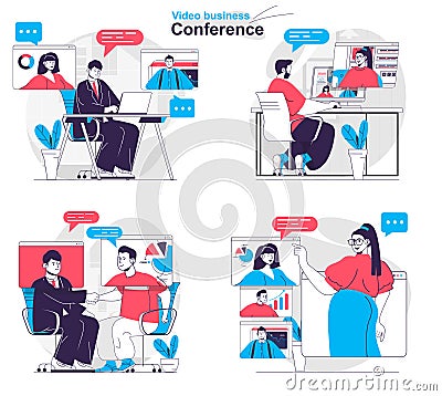 Video business conference concept set. Colleagues discuss tasks Vector Illustration