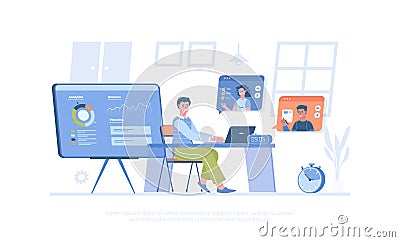 Video business conference. Online meeting, virtual video discussion with colleagues. Vector Illustration