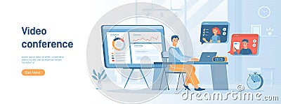 Video business conference. Online meeting, virtual video discussion with colleagues. Vector Illustration