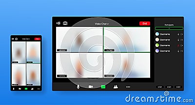 Video call app interface. Zoom screen. Online conference application responsive screen. Distant voice chat. Remote team Vector Illustration