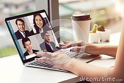 Video call business people meeting on virtual workplace or remote office Stock Photo