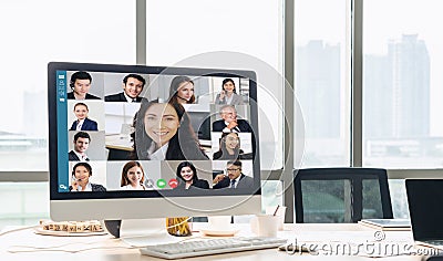 Video call business people meeting on virtual workplace or remote office Stock Photo