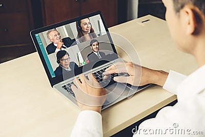 Video call business people meeting on virtual workplace or remote office Stock Photo