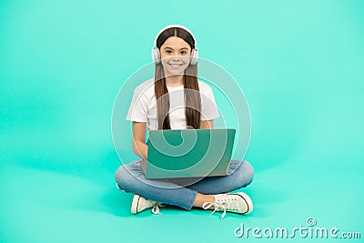 video call. child chatting on computer. buy online. back to school. teen influencer blogging. Stock Photo