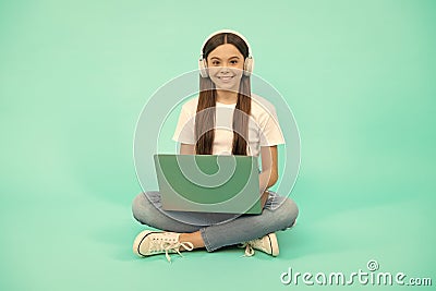 video call. child chatting on computer. buy online. back to school. teen influencer blogging. Stock Photo