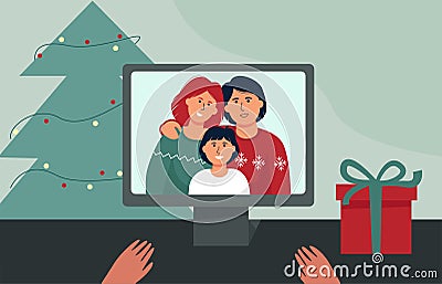 Video call Christmas. New year online with your family Vector Illustration