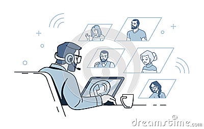 Video call concept. People communicate distantly. Man sitting at table with laptop. Online conference or webinar. Male Vector Illustration