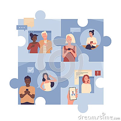 Video call conference and chat communication of people inside connected puzzle pieces Vector Illustration