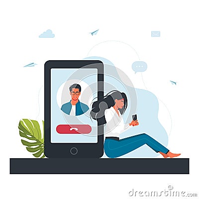 Video call conference concept.Young people making video call through smartphone app. communication, dating concept Vector Illustration