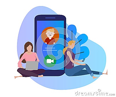 Video call conference. young woman and man having conversation large phone screen. Vector Illustration