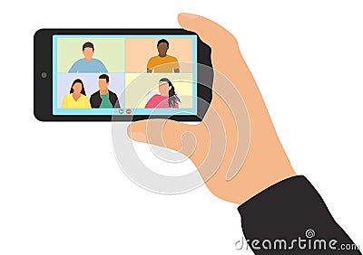 Video call with friends or colleagues at work. Hand of man holding smartphone, screen shows people. Virtual online communication, Vector Illustration