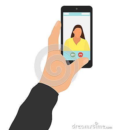 Video call with girl, male hand holds smartphone and talks online. Isolated on white background. Vector illustration Vector Illustration