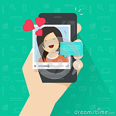 Video call with girlfriend on mobile phone vector, flat cartoon smartphone video chat with lovely happy smiling girl and Vector Illustration